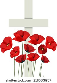 Poppy flowers on cross gravestone for remembrance day icon illustration