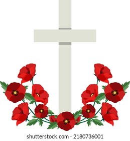 Poppy flowers on cross gravestone for remembrance day icon illustration