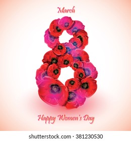 Poppy flowers on the greeting card for Womens day. Vector illustration.a