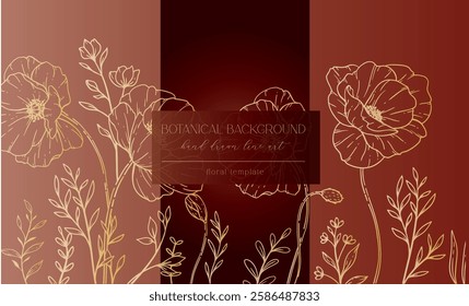 Poppy Flowers Outline. Line Art Poppy. Botanical Background with trendy minimalist poppy flowers and wildflowers. Luxury Floral Line Art Illustration. 