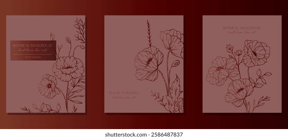 Poppy Flowers Outline. Line Art Poppy. Botanical Background with trendy minimalist poppy flowers and wildflowers. Luxury Floral Line Art Illustration. 