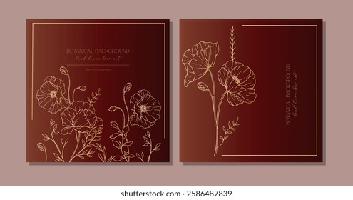 Poppy Flowers Outline. Line Art Poppy. Botanical Background with trendy minimalist poppy flowers and wildflowers. Luxury Floral Line Art Illustration. 