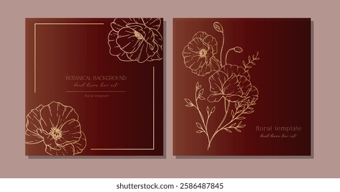 Poppy Flowers Outline. Line Art Poppy. Botanical Background with trendy minimalist poppy flowers and wildflowers. Luxury Floral Line Art Illustration. 