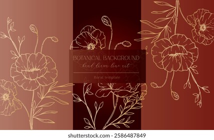 Poppy Flowers Outline. Line Art Poppy. Botanical Background with trendy minimalist poppy flowers and wildflowers. Luxury Floral Line Art Illustration. 