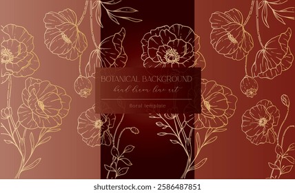 Poppy Flowers Outline. Line Art Poppy. Botanical Background with trendy minimalist poppy flowers and wildflowers. Luxury Floral Line Art Illustration. 