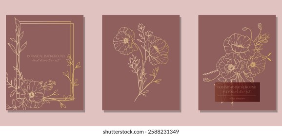 Poppy Flowers Outline. Line Art Poppy. Botanical Background with trendy minimalist poppy flowers and wildflowers. Luxury Floral Line Art Illustration. 