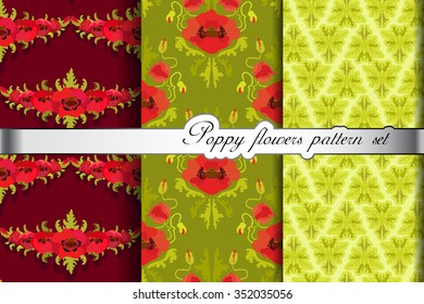Poppy flowers pattern background set. Summer time red poppy flower seamless pattern on green and red backgrounds Set of seamless pattern. Geometric and natural vector printable wrapping paper set.