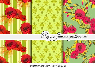 Poppy flowers pattern background set. Red poppy flower seamless pattern on green and red backgrounds. Set of seamless pattern, red design. Geometric and natural vector printable wrapping paper set.