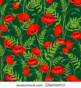 Poppy flowers. Red flowers on a green background. Wildflowers. Seamless pattern.