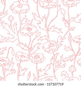 Poppy flowers in red and white seamless pattern, vector