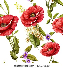 Poppy flowers. Seamless background pattern of poppy flowers. Vector - stock.