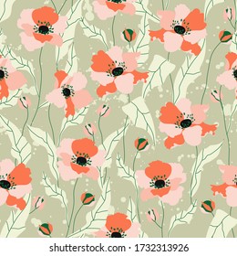 Poppy flowers seamless pattern. Beautiful soft orange hand-drawn poppy flowers on a green background. Repeatable design for stationery, textile, web banner. Trendy field flower pattern.