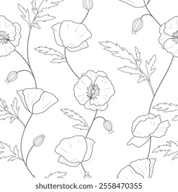 Poppy flowers seamless pattern. Beautiful summer poppys. Black and white outline  flowers silhouettes.