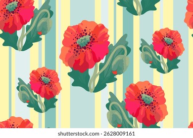 Poppy flowers in a seamless pattern. Can be used as fabric, wallpaper, wrapping. Vector