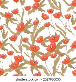 Poppy flowers seamless pattern design, flat vector illustration on white background. Repeatable endless decorative floral summer background.