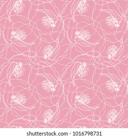 Poppy flowers seamless pattern. Hand drawn sketch outline poppies in doodle line art style on pink background. Elegant vector floral texture for valentine's day, wallpaper, wrapping,scrapbooking,cards