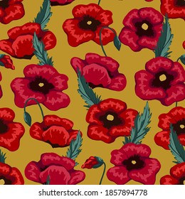 Poppy flowers seamless pattern. Hand drawn vector floral illustration. Abstract botanical background. Wildflowers colored sketch. Vintage design for print, fabric, textile, wrapping, wallpaper, decor.