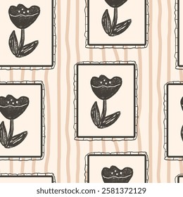 Poppy flowers seamless pattern. Linocut floral stencil on vintage frames allover background. Blocks marker drawn repeat cover. Vector hand drawn monochrome spring motif.