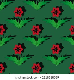 Poppy flowers seamless pattern on green background with shadows. Floral print for wallpaper and bed linen. Nature backdrop.