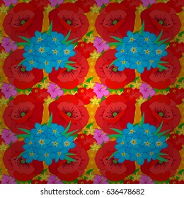 Poppy flowers seamless pattern on a orange background. Cute vector floral background.