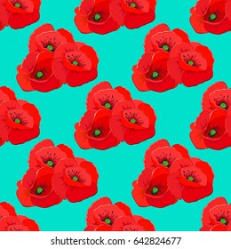 Poppy flowers seamless pattern on a blue background. Cute vector floral background.