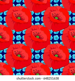 Poppy flowers seamless pattern on a blue background. Cute vector floral background.