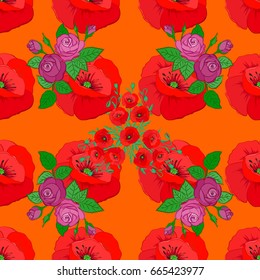 Poppy flowers seamless pattern on a orange background. Cute vector floral background.