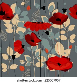 Poppy flowers seamless pattern over grey