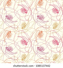 Poppy flowers seamless pattern. Pink, orange, violet hand drawn sketch flowers in doodle line art style on beige background. Cute vector floral texture design for wallpaper, fabric print, 
invitations