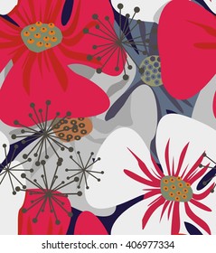 Flores de amapola. Un patrón sin fisuras de flores elegantes púrpuras y blancas amapola sobre fondo azul oscuro.