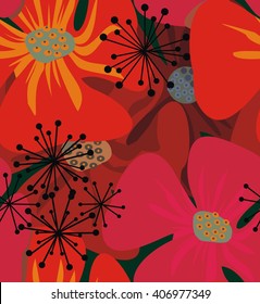 Poppy flowers. A seamless pattern of red and purple elegant flowers  poppy on green background.
