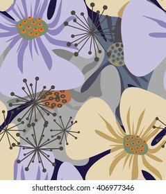Poppy flowers. A seamless pattern of violet and light beige elegant flowers  poppy on dark blue background.