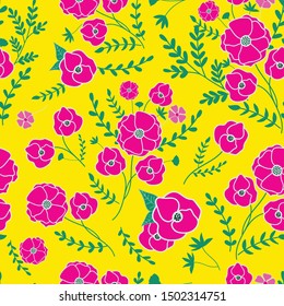 Poppy flowers seamless repeat pattern for decoration, wallpaper, background, pillows, wrapping paper.