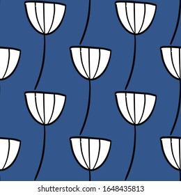 Poppy flowers seamless repeat vector pattern.White flowers on a blue background,color of the year.