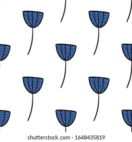 Poppy flowers seamless repeat vector pattern.Blue flowers on a white background.