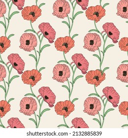 Poppy flowers seamless vector pattern. Distressed white Chamomile flowers on black background. Trendy for prints, fabric, invitation cards, wedding decoration, wallpapers, wall murals.