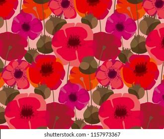 Poppy flowers and seed boxes seamless pattern for background, wrapping paper, fabric, surface design. Decorative red floral wild meadow repeatable motif 
