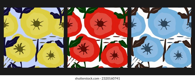 Poppy Flowers. Set of seamless patterns in flat style hand drawn illustration. Floral pattern. Vector collection for design, print, fabric, wallpaper, paper, etc.