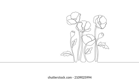 Flores de amapola. Una sola línea. Ilustración vectorial. Borde floral de Doodle