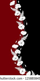 Poppy flowers. Papáver. Stems and leaves. Template for card. Black and white on red background.