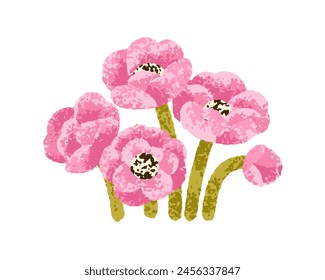 Mohnblumen, Sommerblüten. Zarte Wildblumenblüten. Sanfter Frühlingspapaver, florale Gartenpflanzen mit zarten Blütenblättern und Stielen. Botanische flache Vektorillustration isoliert auf weißem Hintergrund