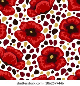 Poppy flowers and terrazzo shapes seamless pattern. Hand drawn vector floral illustration. Abstract botanical background. Wildflowers colored vintage design for print, fabric, textile, wrap, wallpaper