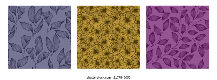 Poppy flowers and tree branch leaves doodle line texture vector seamless pattern set. Summer blossom and foliage floral wallpaper design. Handdrawn hibiscus or peony flowers, tree leaves.