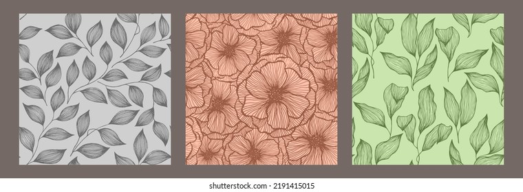 Poppy flowers and tree branch leaves doodle line texture vector seamless pattern set. Exotic jungle plants elegant tissue print design. Bouquet poppies, grass herb leaves decorative motif.