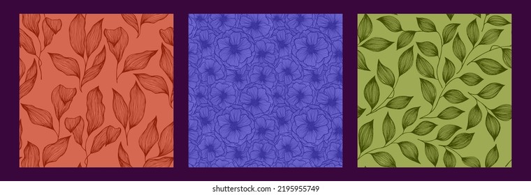 Poppy flowers and tree branch leaves doodle hand drawn texture vector seamless pattern set. Exotic jungle plants trendy tablecloth print design. Abstractl poppy or peony flowers, tree leaves.