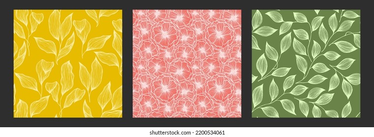 Poppy flowers and tree branch leaves doodle hand drawn texture vector seamless pattern set. Exotic jungle plants artistic tissue print design. Outline poppies, herbs, leaves decorative motif.