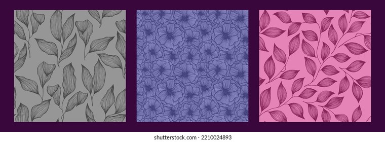 Poppy flowers and tree branch leaves doodle hand drawn texture vector seamless pattern set. Exotic jungle plants trendy wallpaper print design. Abstractl poppy or peony flowers, tree leaves.