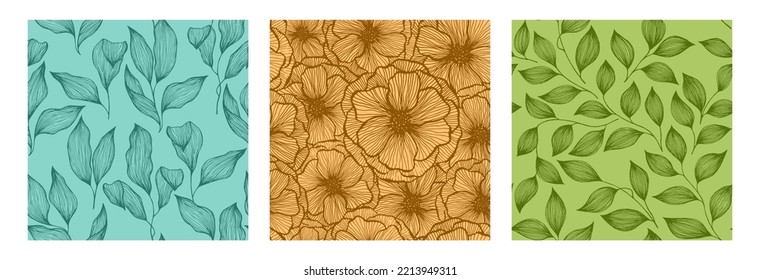 Poppy flowers and tree branch leaves doodle line texture vector seamless pattern set. Organic tropical plants trendy fabric print design. Hawaiian hibiscus or peony flowers, tree leaves.