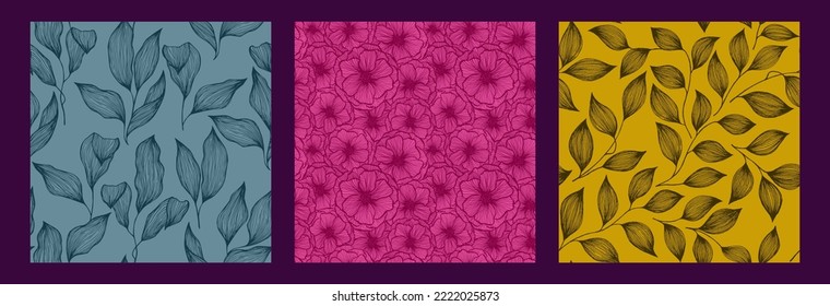 Poppy flowers and tree branch leaves doodle line texture vector seamless pattern set. Organic tropical plants trendy tablecloth print design. Outline poppies, herbs, leaves decorative motif.