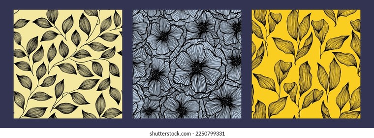 Poppy flowers and tree branch leaves doodle line texture vector seamless pattern set. Organic tropical plants trendy fabric print design. Wild poppy or peony flowers, tree leaves.